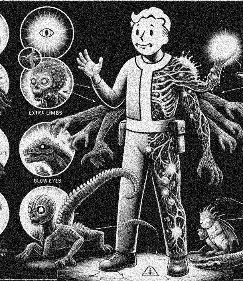 Black-and-white grainy illustration of a Vault Boy-style figure waving, half his body overgrown with tentacle-like limbs and glowing veins, surrounded by labelled circles showing a staring eye, an alien skull, “Extra Limbs”, “Glow Eyes”, a lizard creature and a small winged critter.